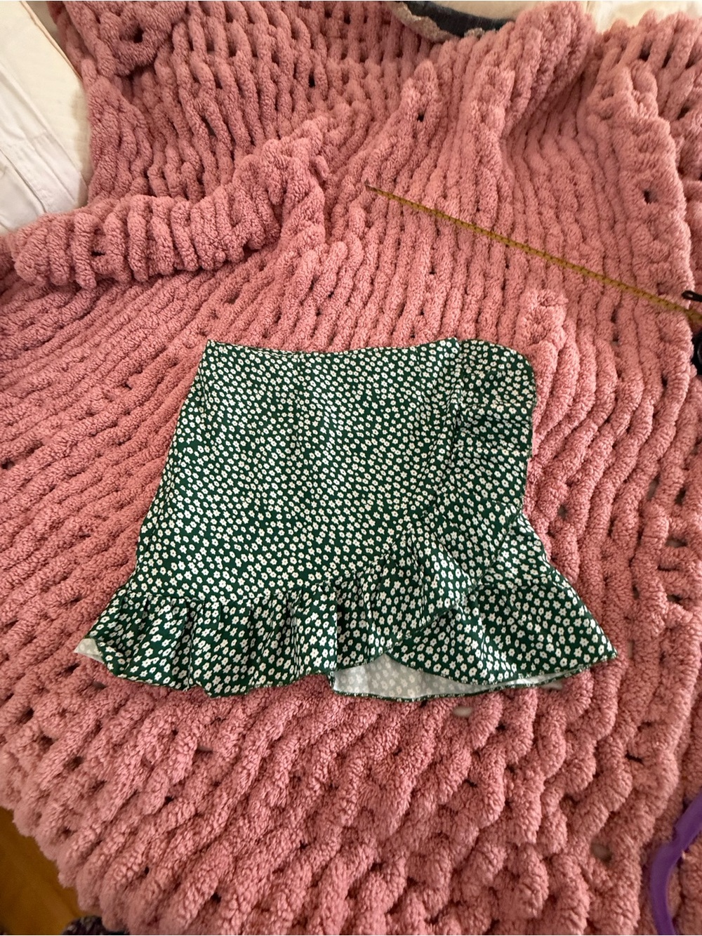 Cottagecore Emerald Green Ditsy Floral Ruffle Wrap Mini Skirt High Waist Small